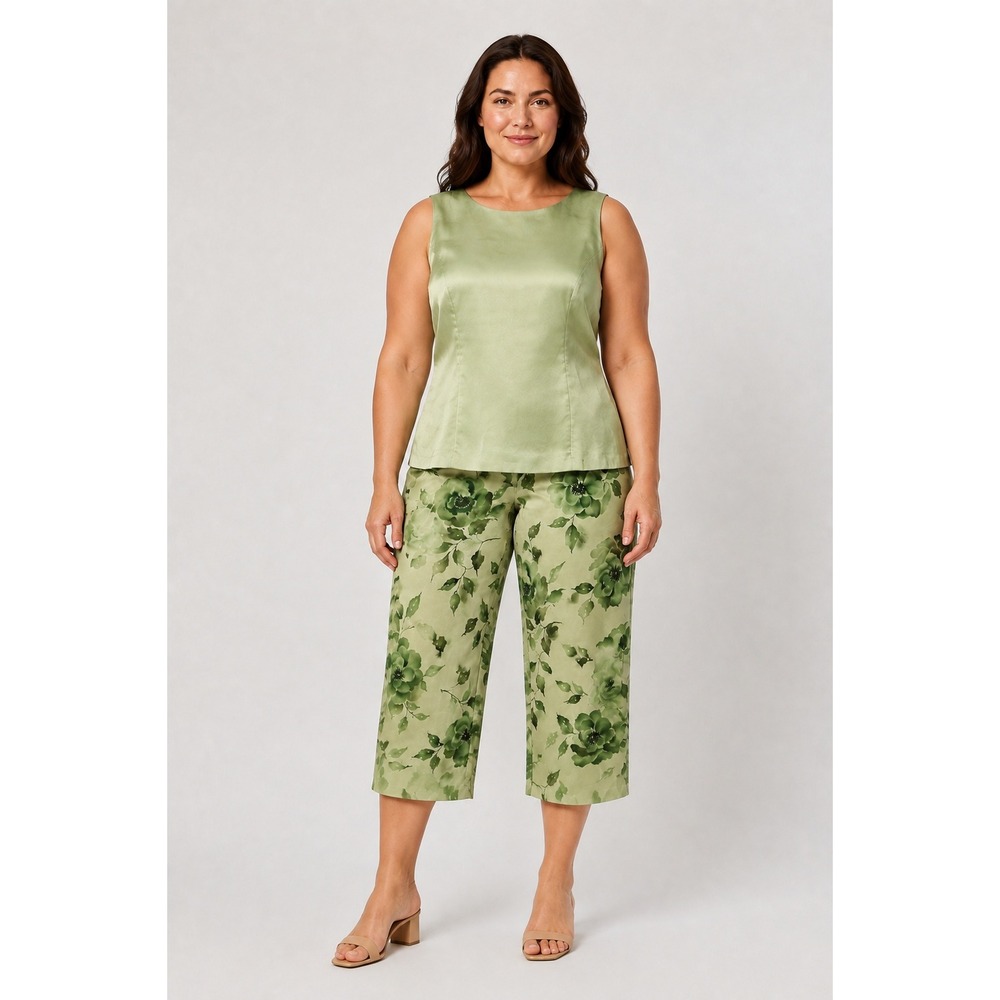 DUE per DUE Collection 100% Silk 2 Piece Set Sage Green Floral Pants Top Size 12